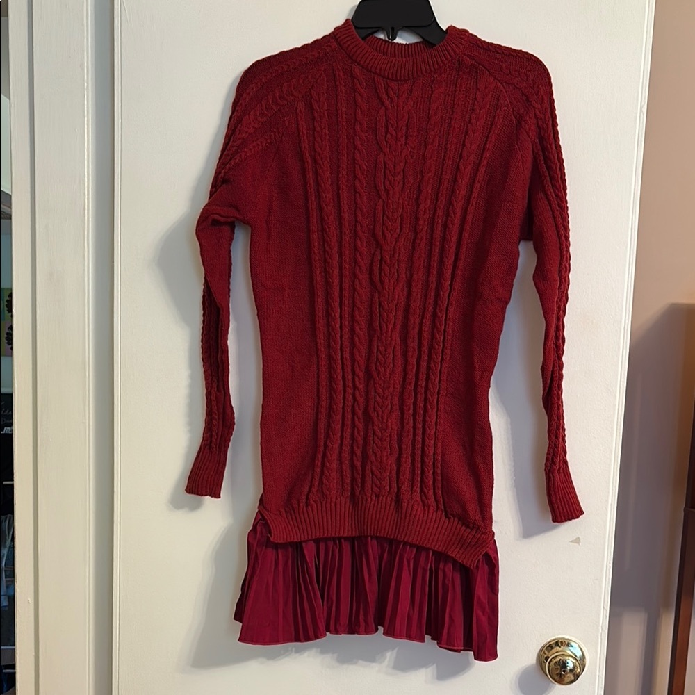 Red Cable Knit Sweater Dress with Pleated Hem